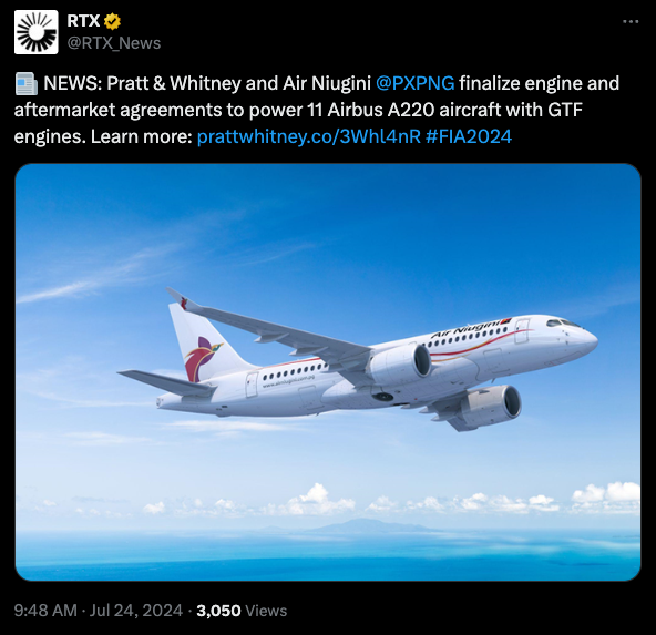 Air Niugini A220-GTF tweet